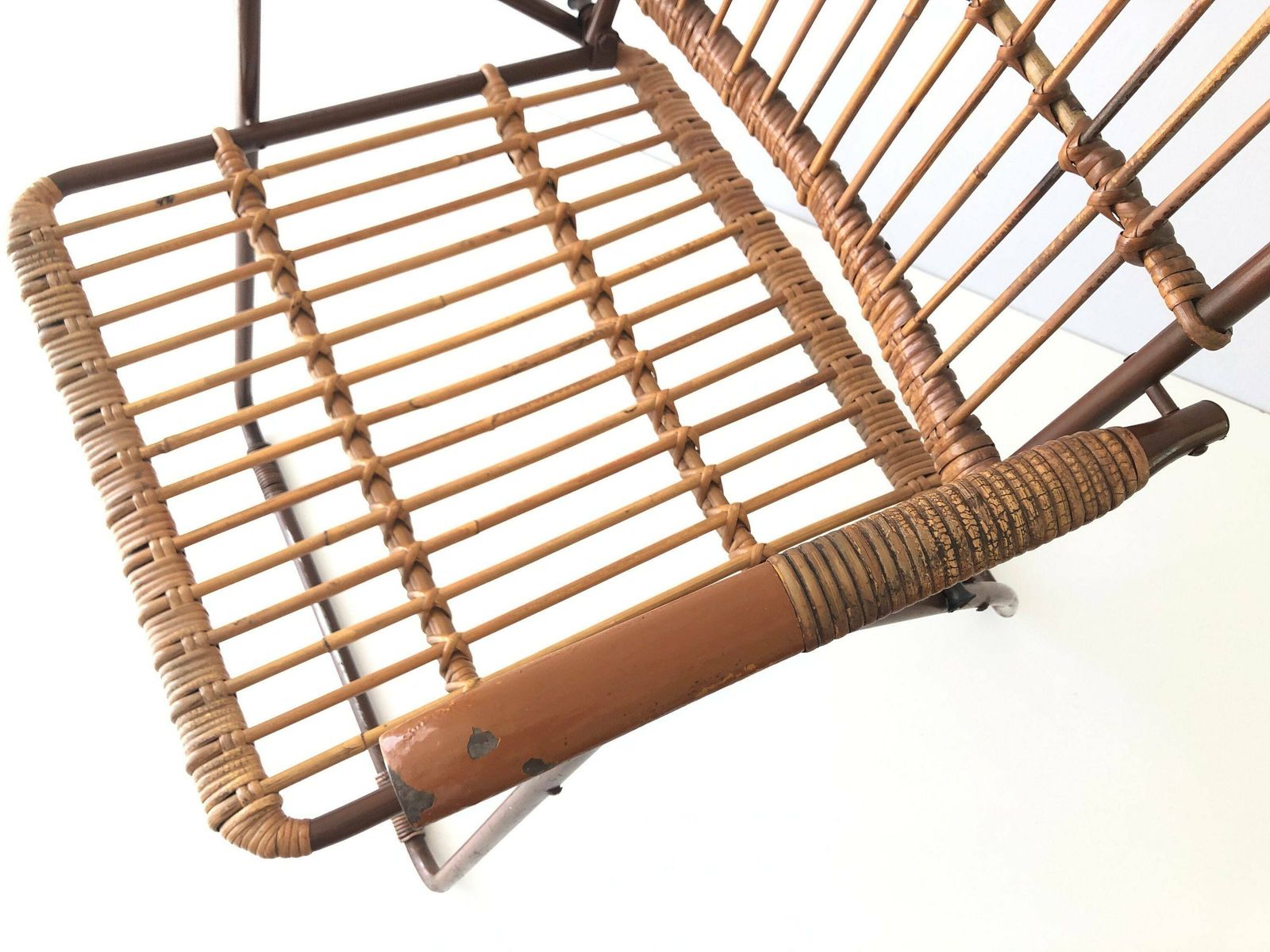 Mid Century Modern Italian Bamboo And Brown Metal Folding Armchair, 1960s, Italy photo vintage
