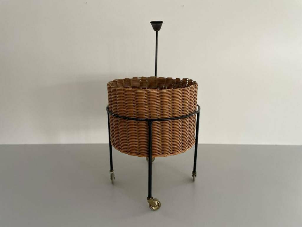 Wicker And Black Metal Round Serving Bar Cart, 1960s, Germany photo for sale