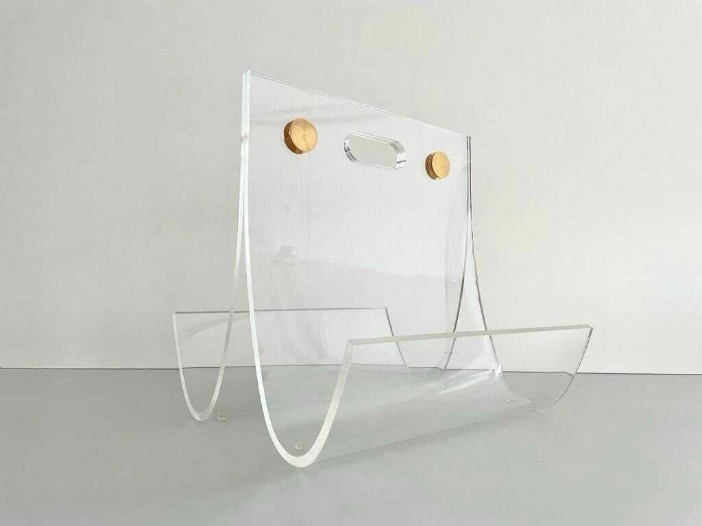 Elegant Heavy Thick Lucite Plexiglass Magazine Rack With Gold Details, 1970s