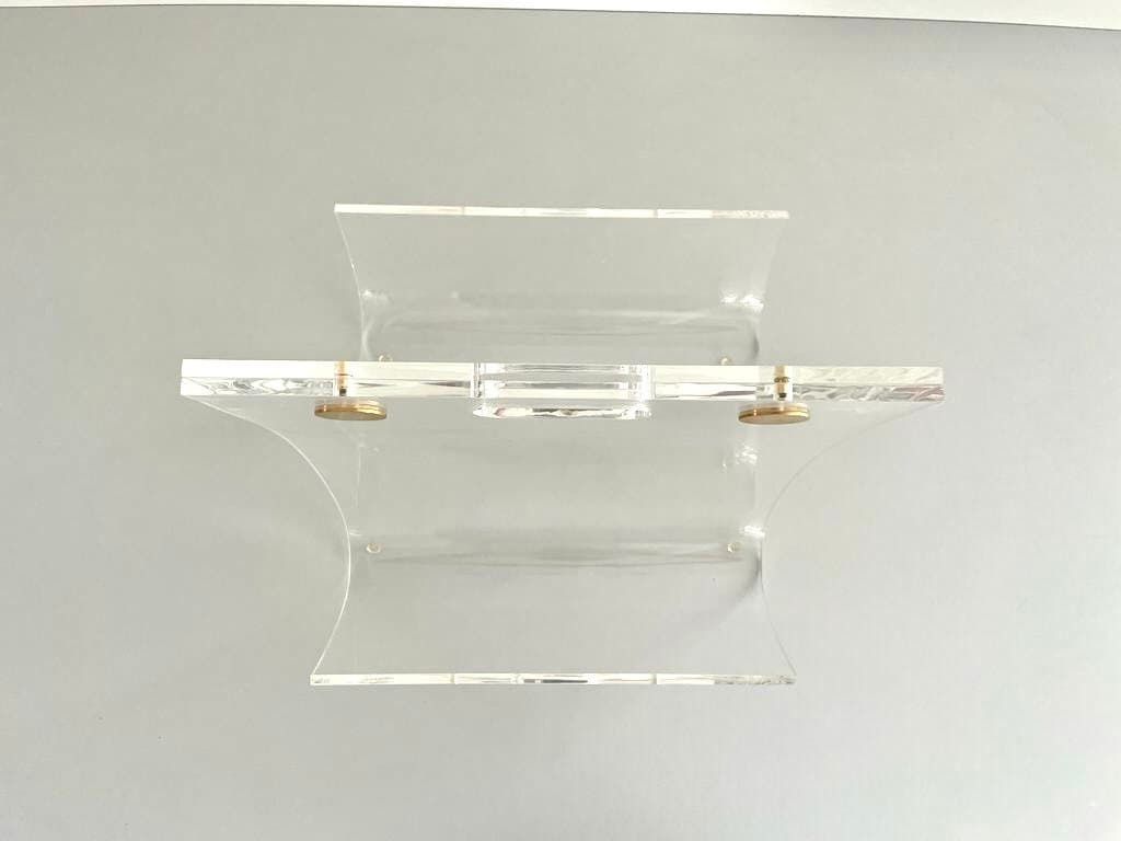 Elegant Heavy Thick Lucite Plexiglass Magazine Rack With Gold Details, 1970s photo vinterior