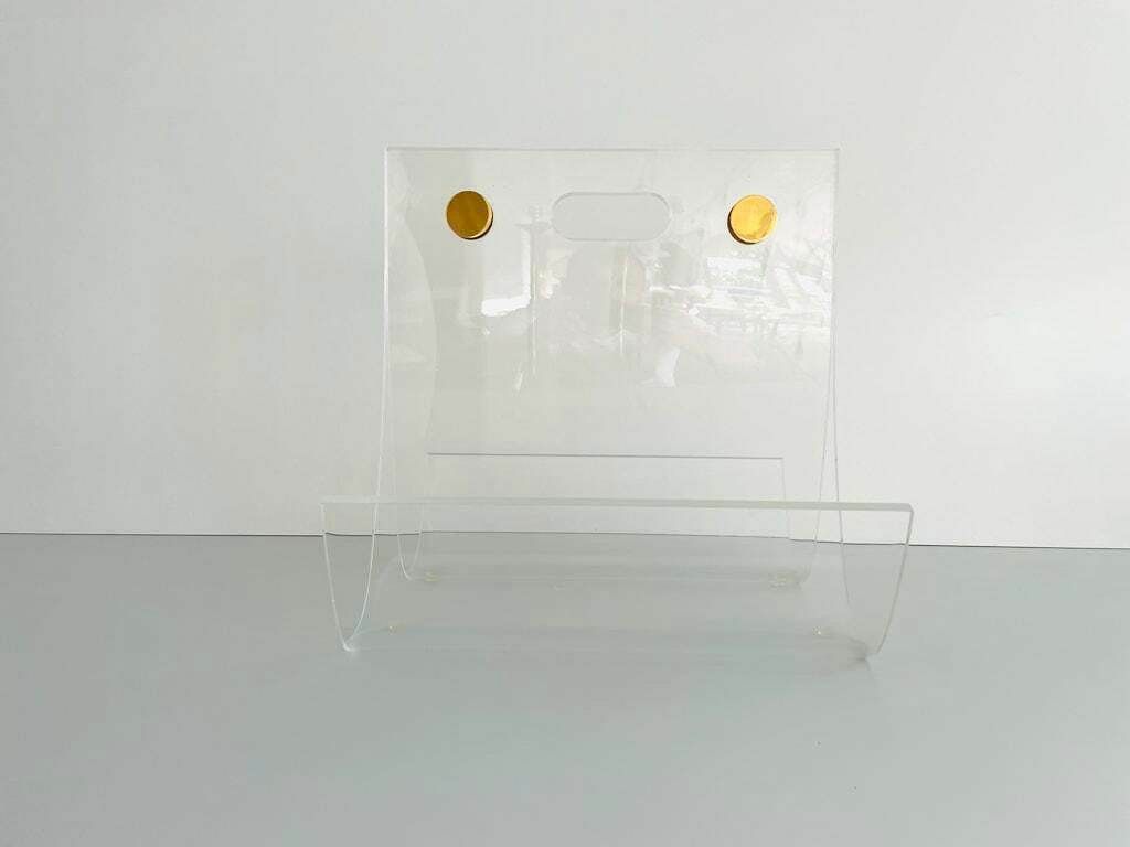 Elegant Heavy Thick Lucite Plexiglass Magazine Rack With Gold Details, 1970s photo buy