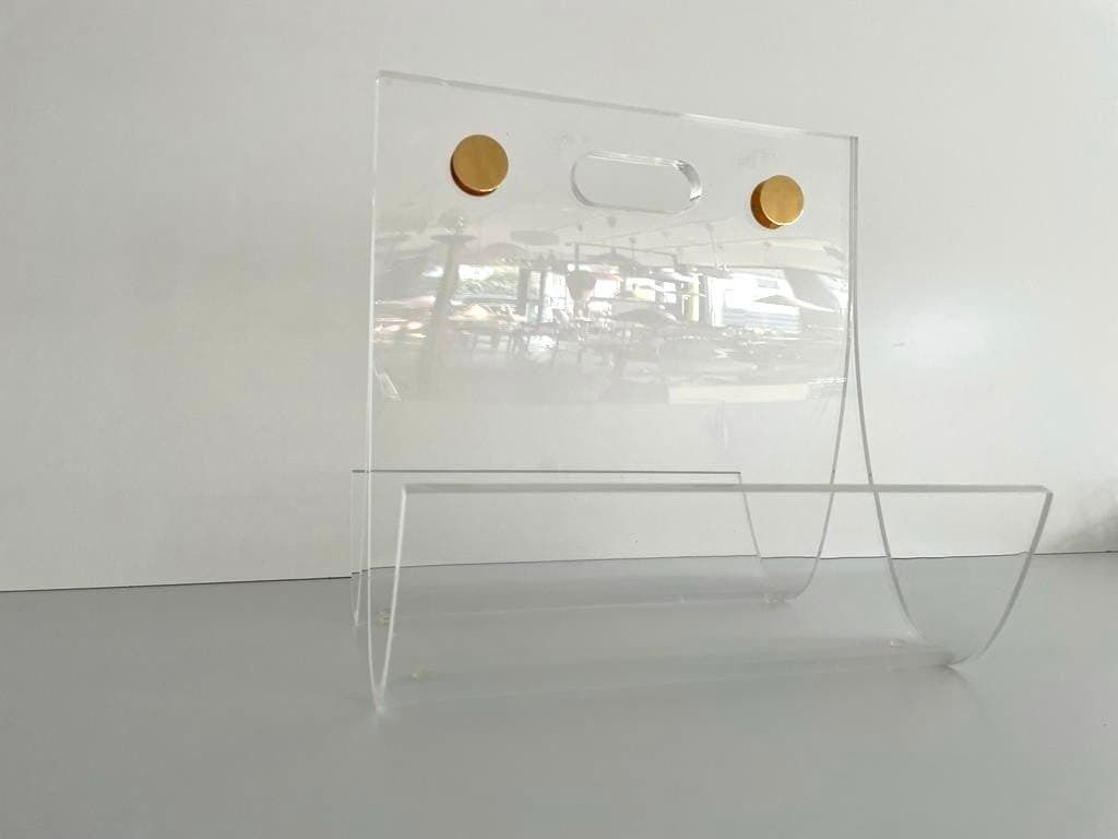 Elegant Heavy Thick Lucite Plexiglass Magazine Rack With Gold Details, 1970s photo vintage