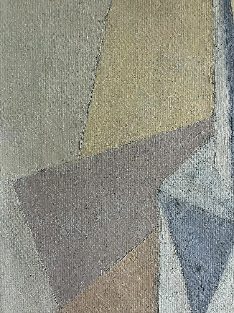 Italian Mid Century Cubist Oil On Canvas Painting Vintage Original Artwork In Pastel Colours Signed By Artist photo for sale