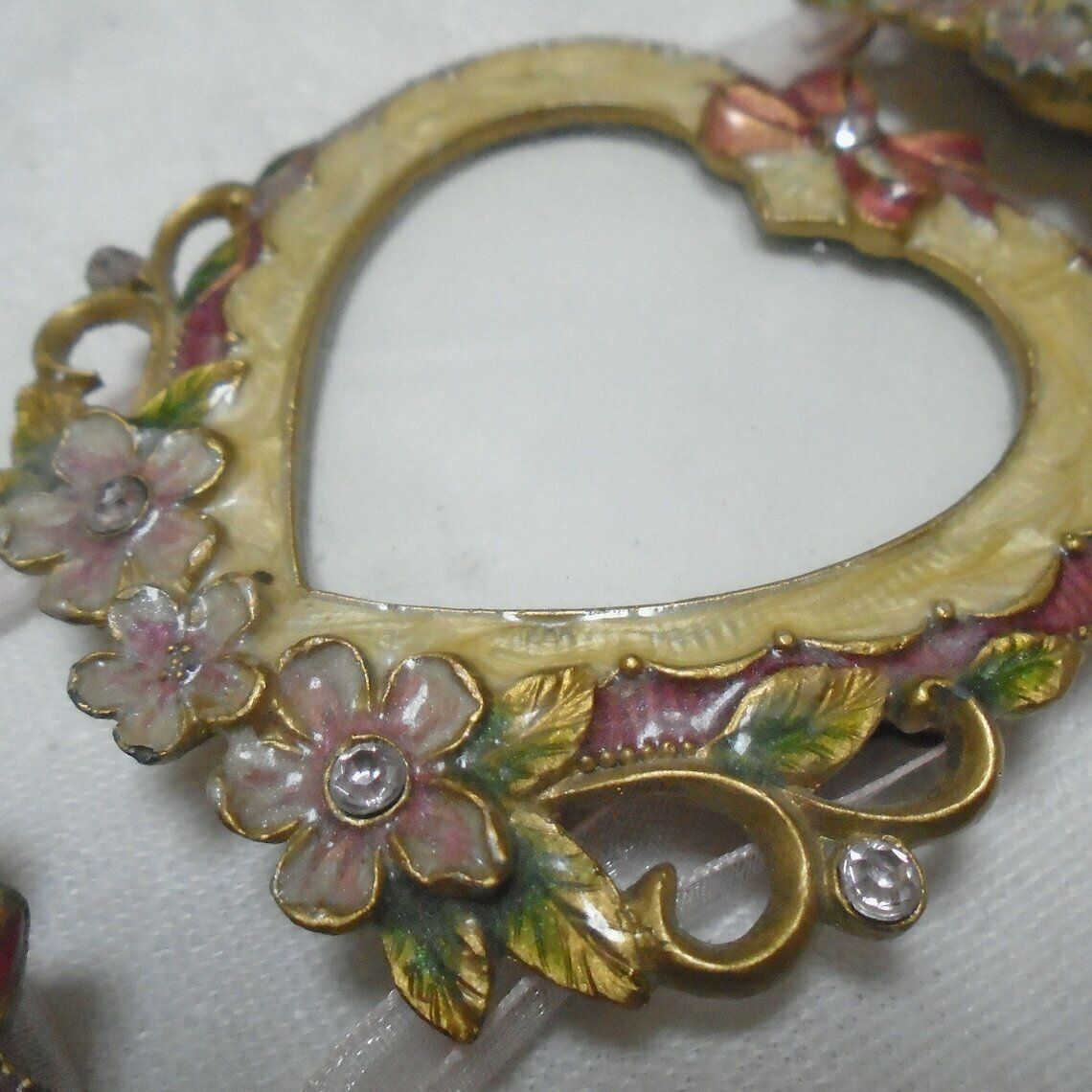 Vintage Photo Frame Trio, Heart Shaped Enameled Frames With Rhinestones, For Three