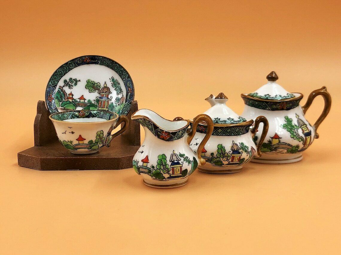 Antique Crown Staffordshire China Chinese Willow / Ye Olde Willow Oriental Pagoda Miniature Cabinet Display Tea Set. 5356.