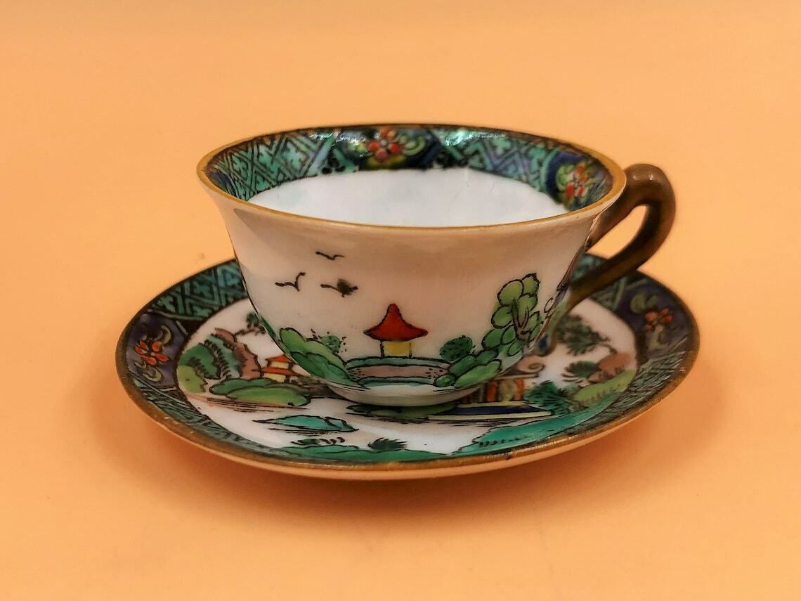 Antique Crown Staffordshire China Chinese Willow / Ye Olde Willow Oriental Pagoda Miniature Cabinet Display Tea Set. 5356. photo for sale