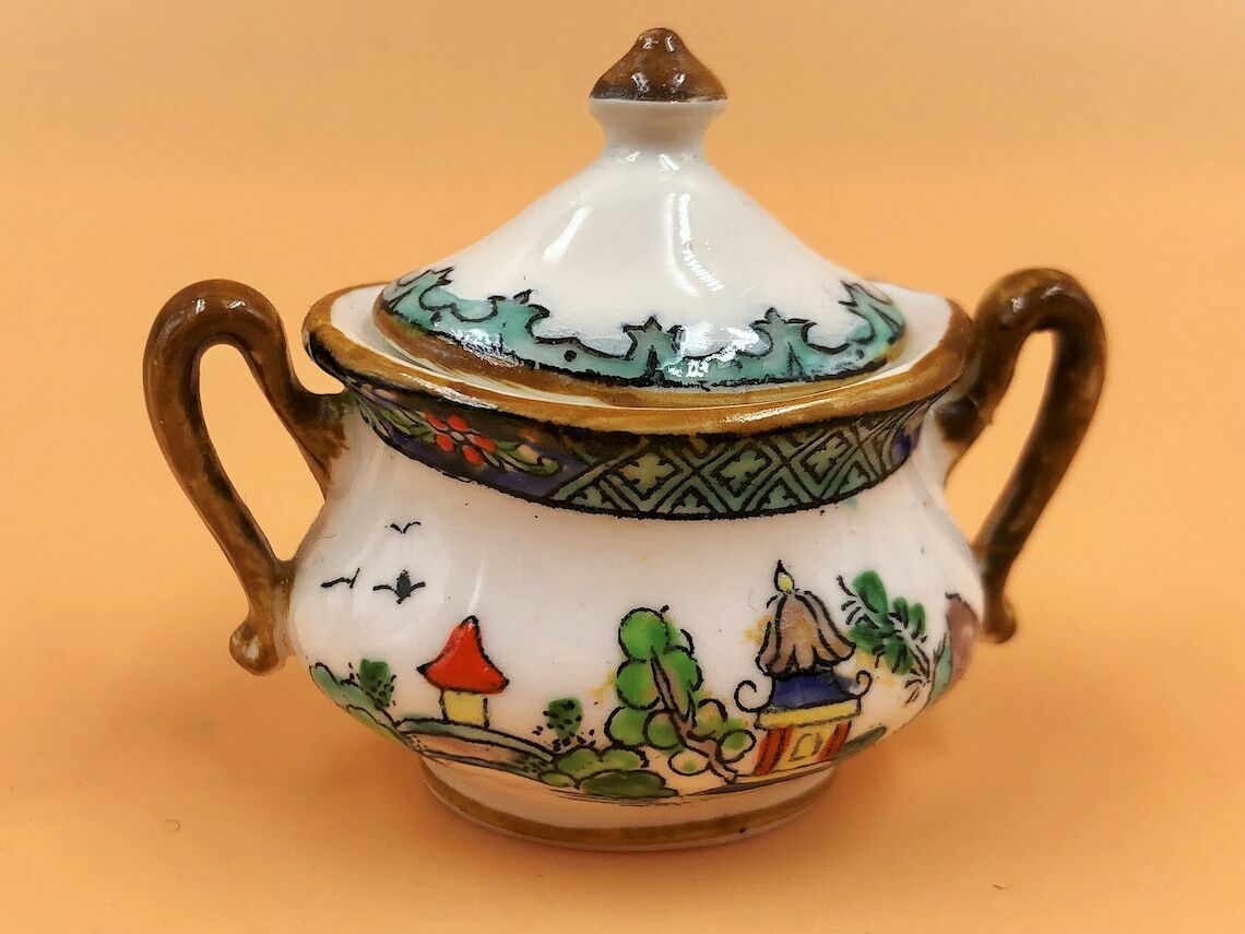 Antique Crown Staffordshire China Chinese Willow / Ye Olde Willow Oriental Pagoda Miniature Cabinet Display Tea Set. 5356. photo 125.0