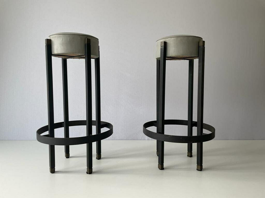Italian Gray Leather Pair Of Bar Stools With Circle Footrests, 1960s, Italy photo Furniture