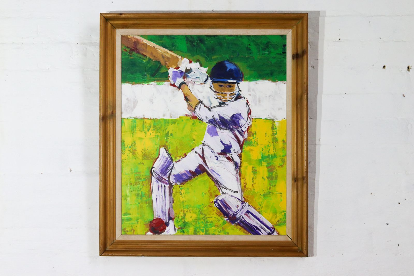 Cricketer Oil Painting, 1980s, Vintage