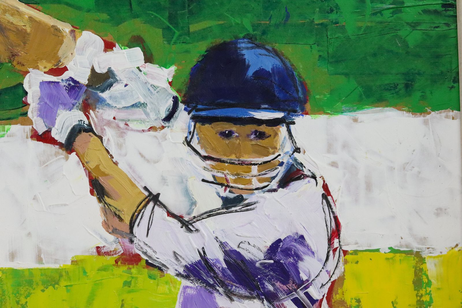 Cricketer Oil Painting, 1980s, Vintage photo for sale