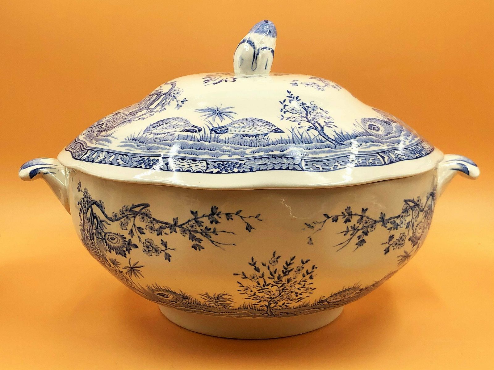 Stunning Antique Furnivals Blue & White Quail Design Serving Tureen. C1913.   Free Uk Post. photo for sale
