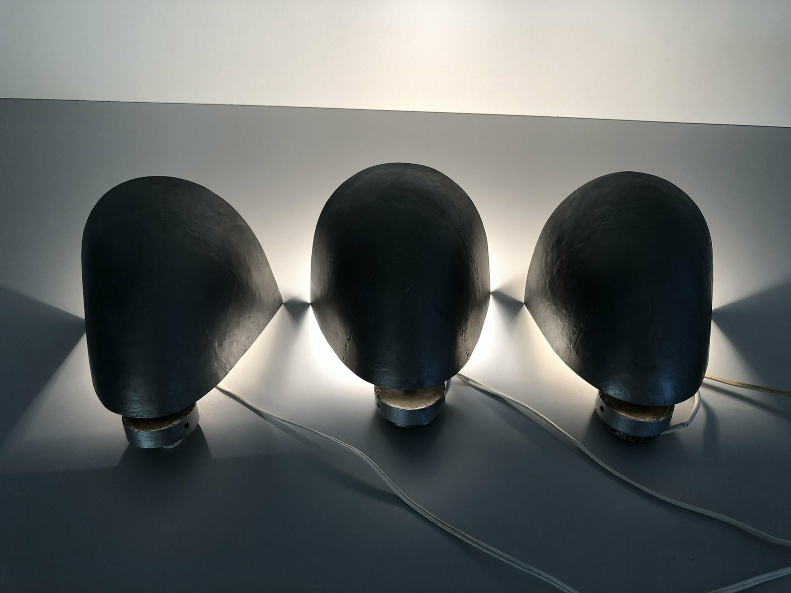 Gray Curved Metal Industrial Set Of 3 Church Sconces, 40s/50s, Germany photo vinterior