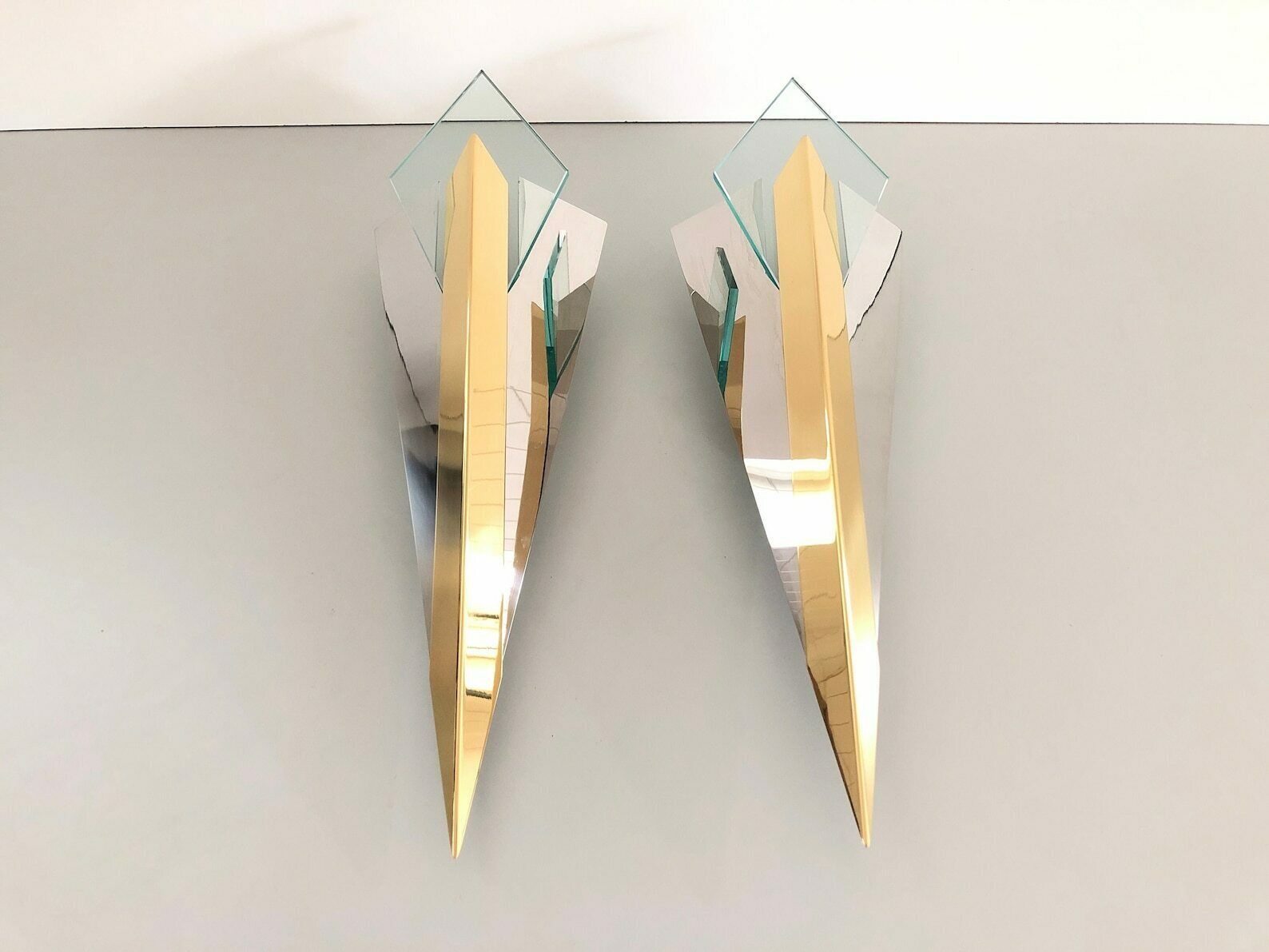Luxurious Chrome And Gold Metal Triangle Design Pair Of Sconces By J.T. Kalmar, 1970s, Germany