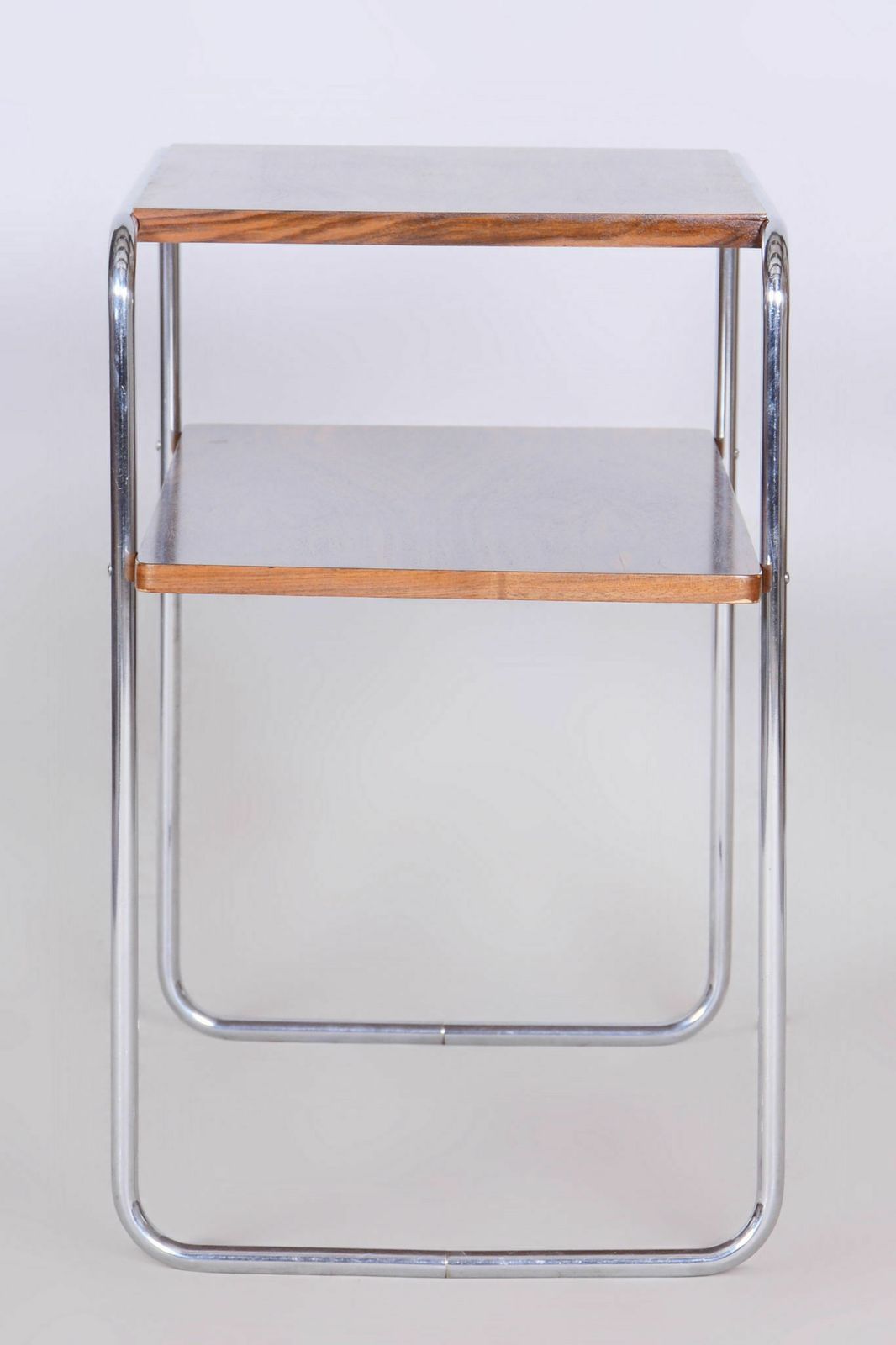 Restored Bauhaus Side Table, Hynek Gottwald, Walnut, Chrome Plated Steel, Revitalized Polish, Professionally Cleaned Chrome, Czechia, 1930s photo furniture