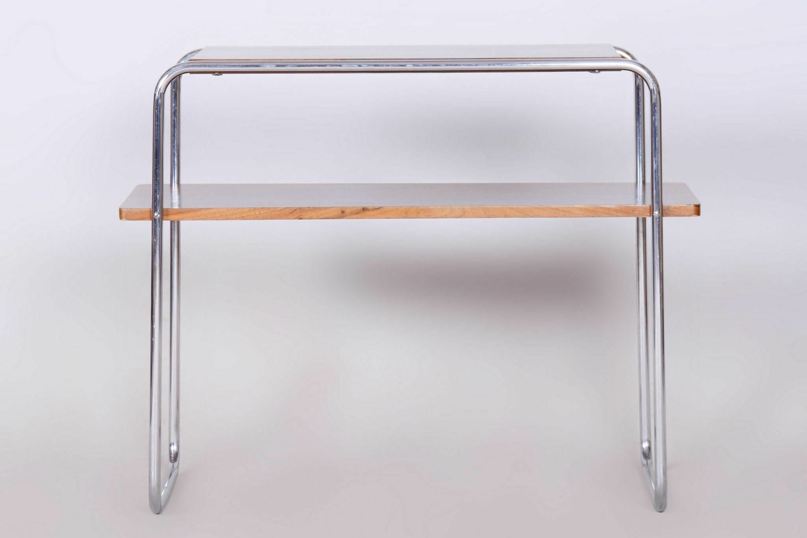 Restored Bauhaus Side Table, Hynek Gottwald, Walnut, Chrome Plated Steel, Revitalized Polish, Professionally Cleaned Chrome, Czechia, 1930s photo buy