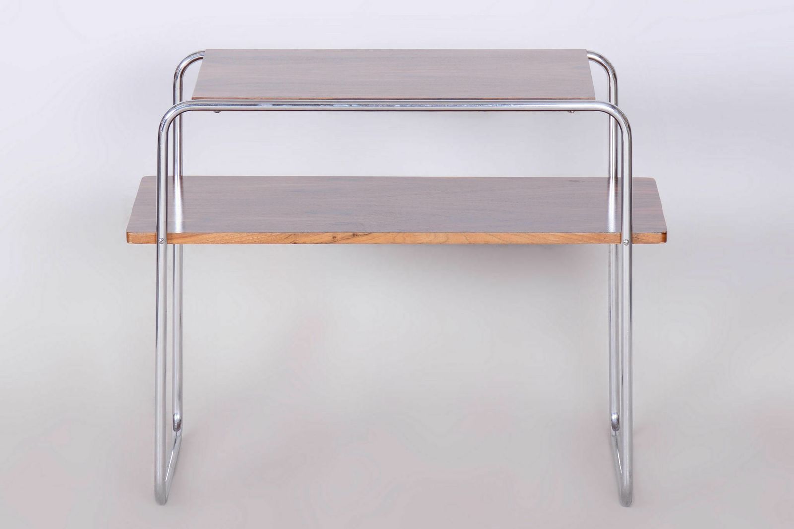Restored Bauhaus Side Table, Hynek Gottwald, Walnut, Chrome Plated Steel, Revitalized Polish, Professionally Cleaned Chrome, Czechia, 1930s photo vintage