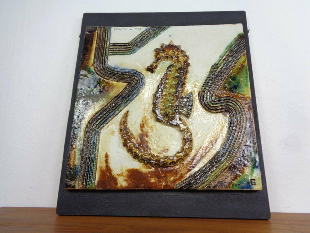 Large German Studio Ceramic Sea Horse Wall Plaque By Hausmann, 1978 photo Art