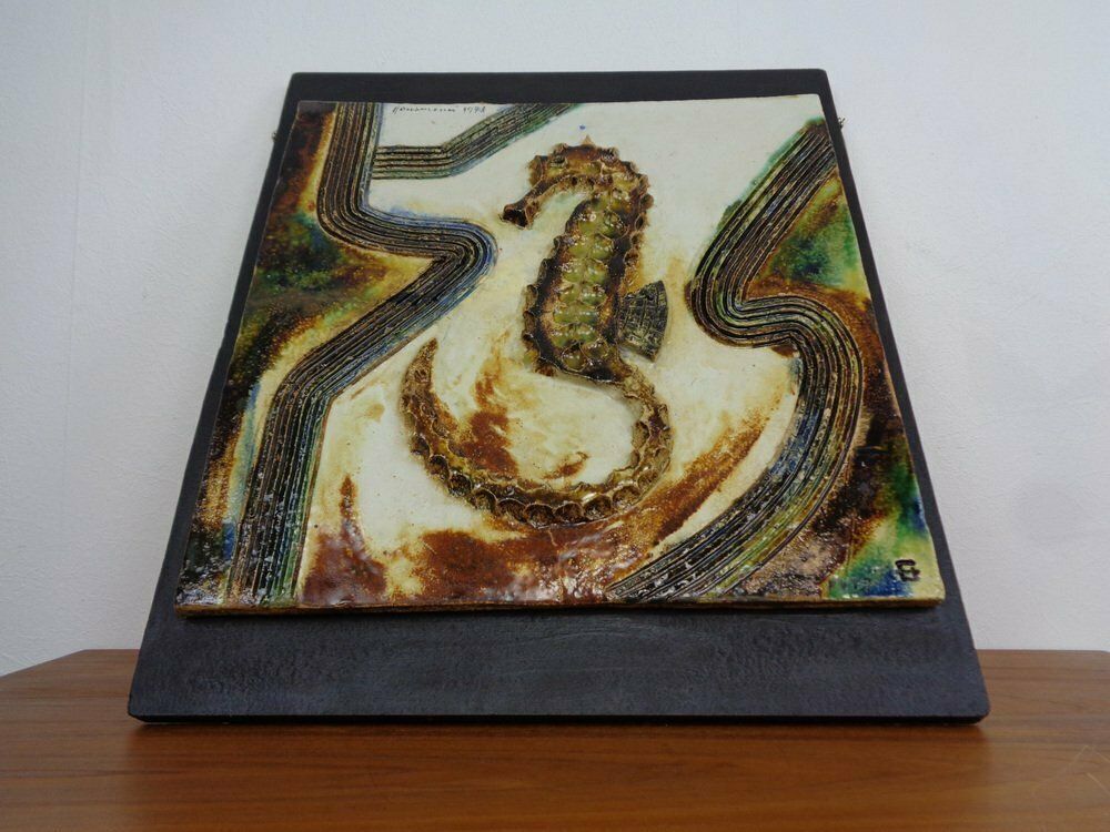 Large German Studio Ceramic Sea Horse Wall Plaque By Hausmann, 1978 photo vintage