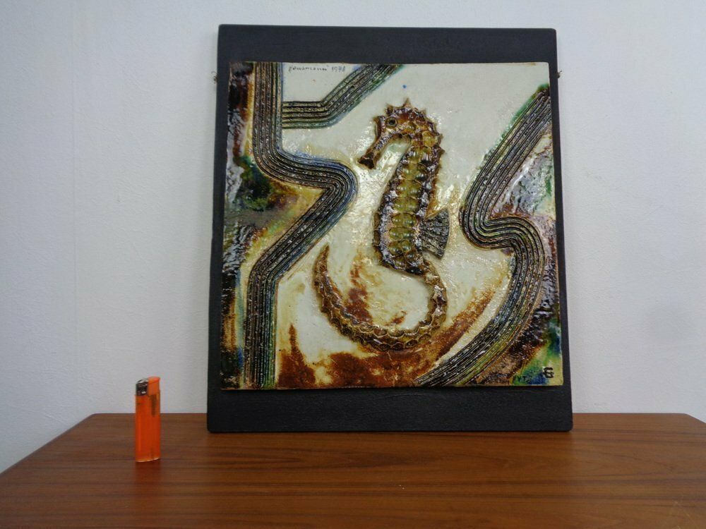 photo furniture Large German Studio Ceramic Sea Horse Wall Plaque By Hausmann, 1978