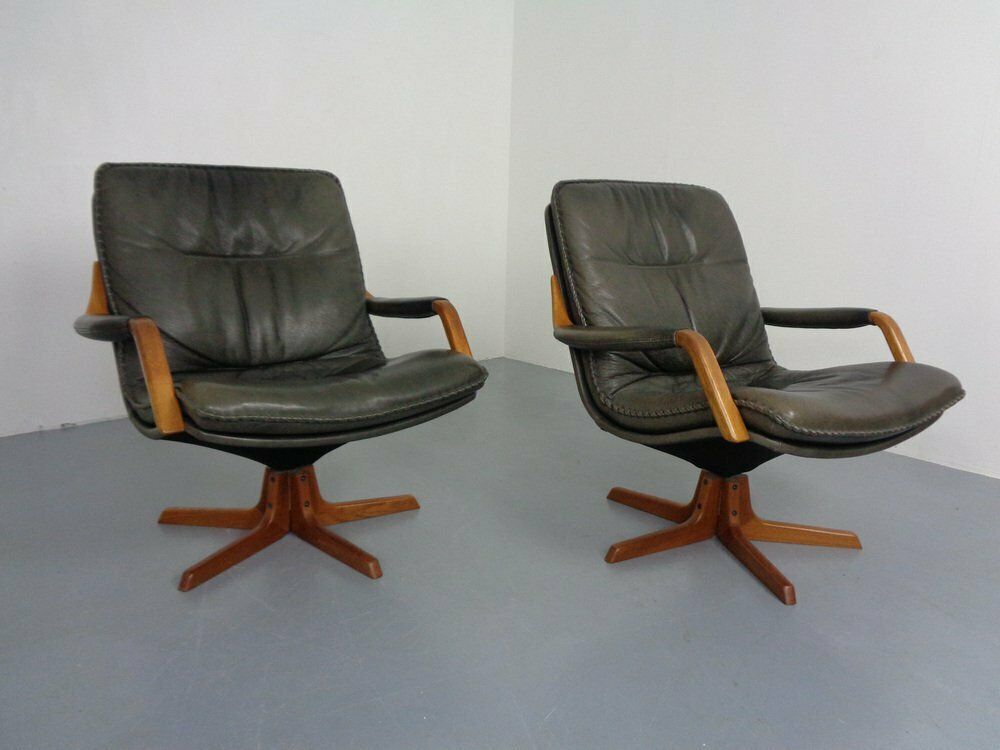 Danish Teak & Leather Swivel Lounge Chairs From Berg Furniture, 1970s, Set Of 2 photo buy
