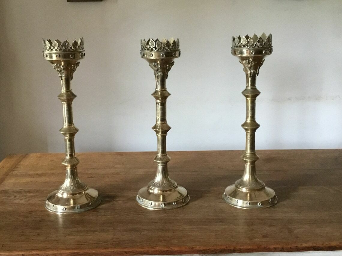 Stunning Set Of 3 Large Brass Gothic Revival Church Altar Candlesticks photo Home Decor