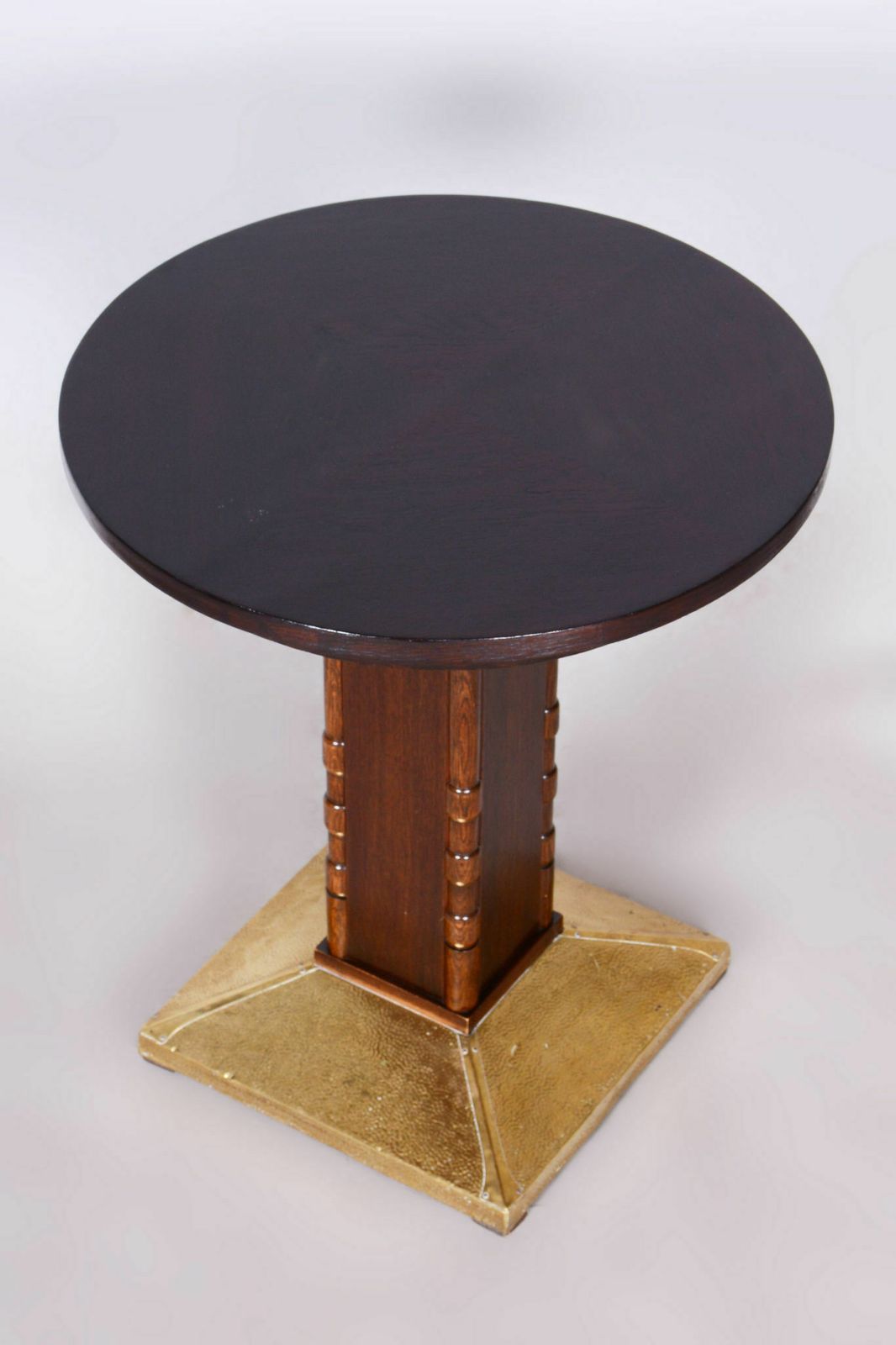 Restored Art Deco Small Table, Oak, Brass, Revived Polish, Czechia, 1920s photo vintage