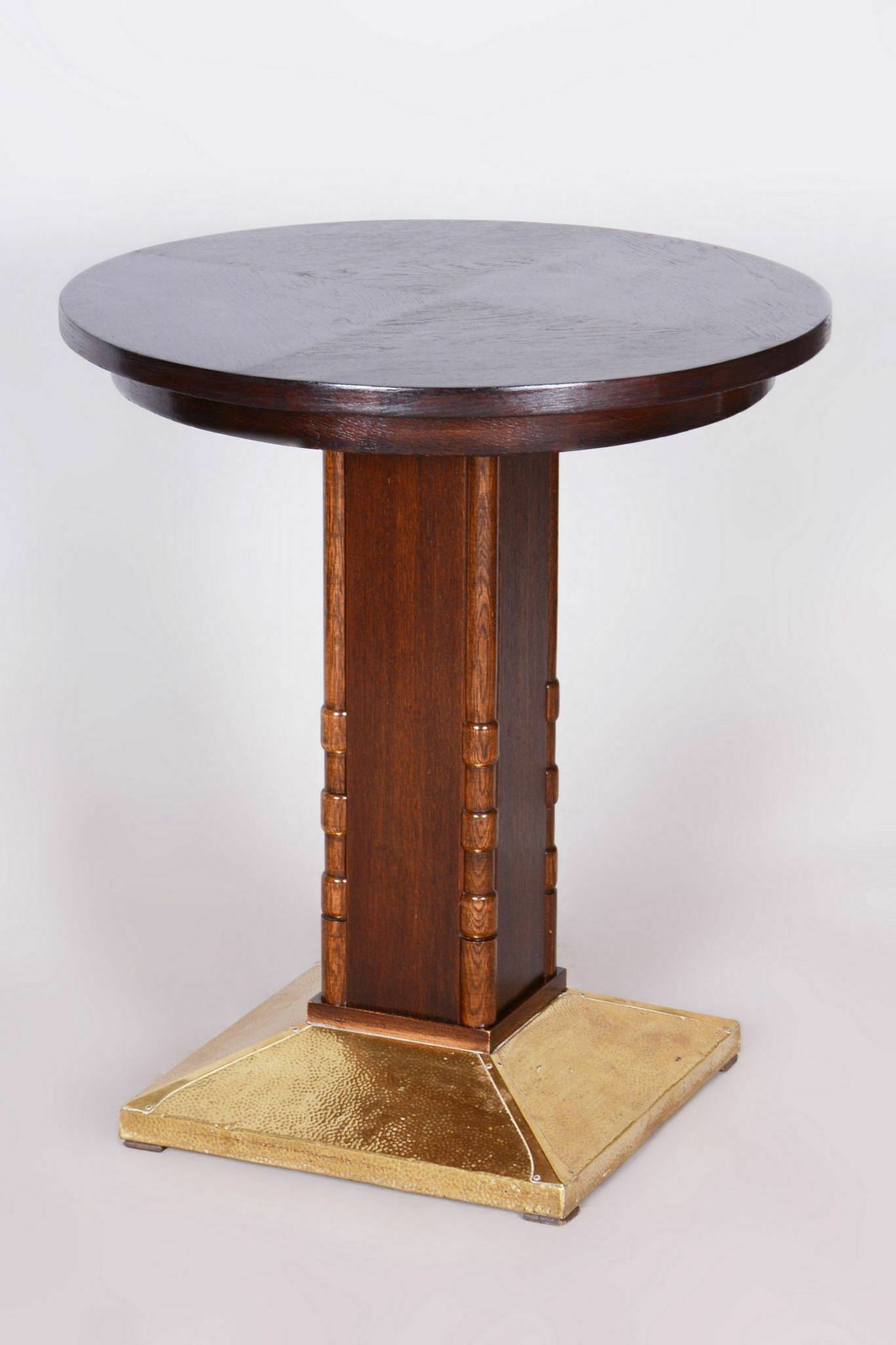 photo for sale Restored Art Deco Small Table, Oak, Brass, Revived Polish, Czechia, 1920s