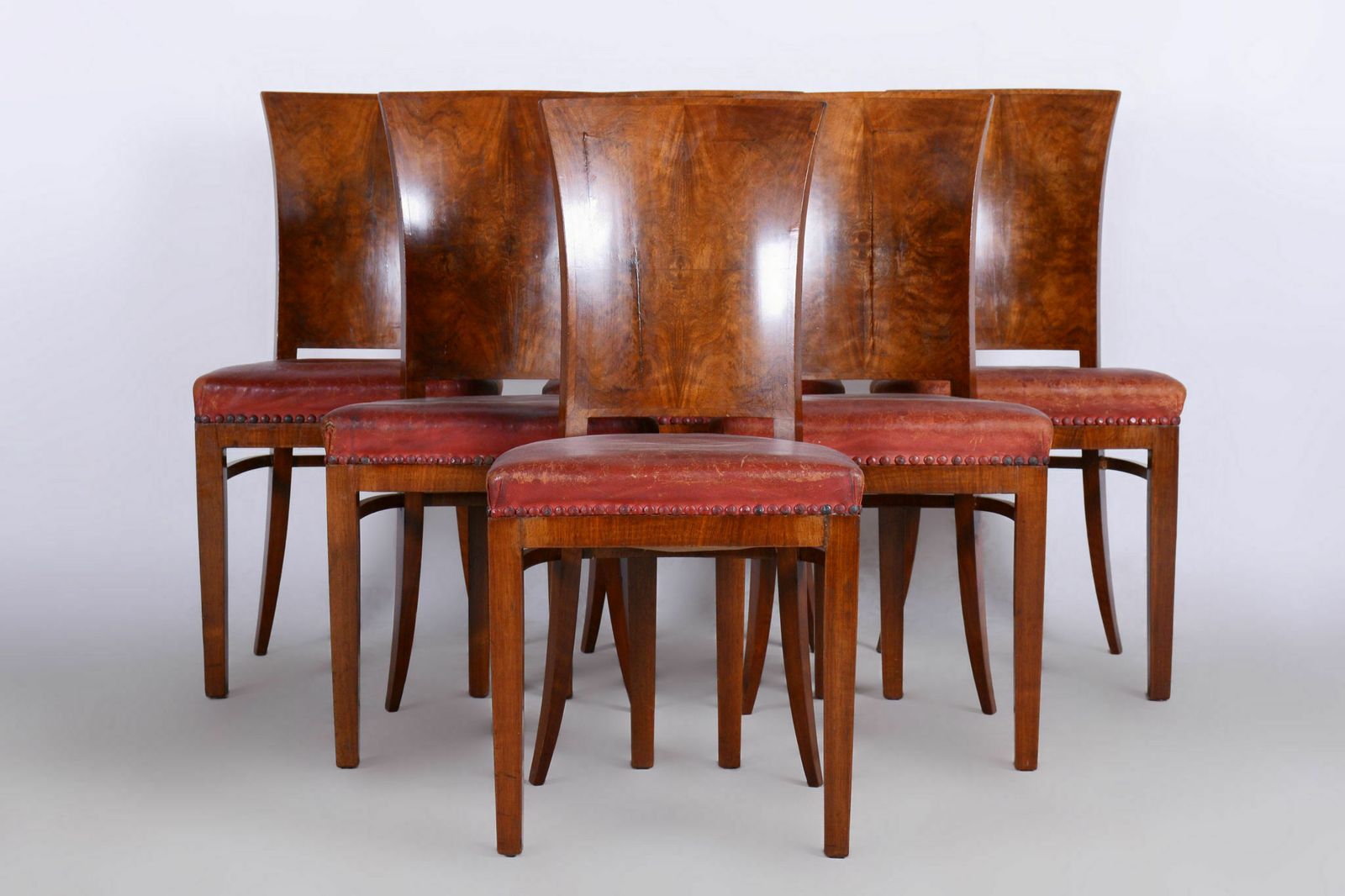 Six Art Deco Chairs, Walnut, Restored, Original Upholstery, France, 1920s photo for sale