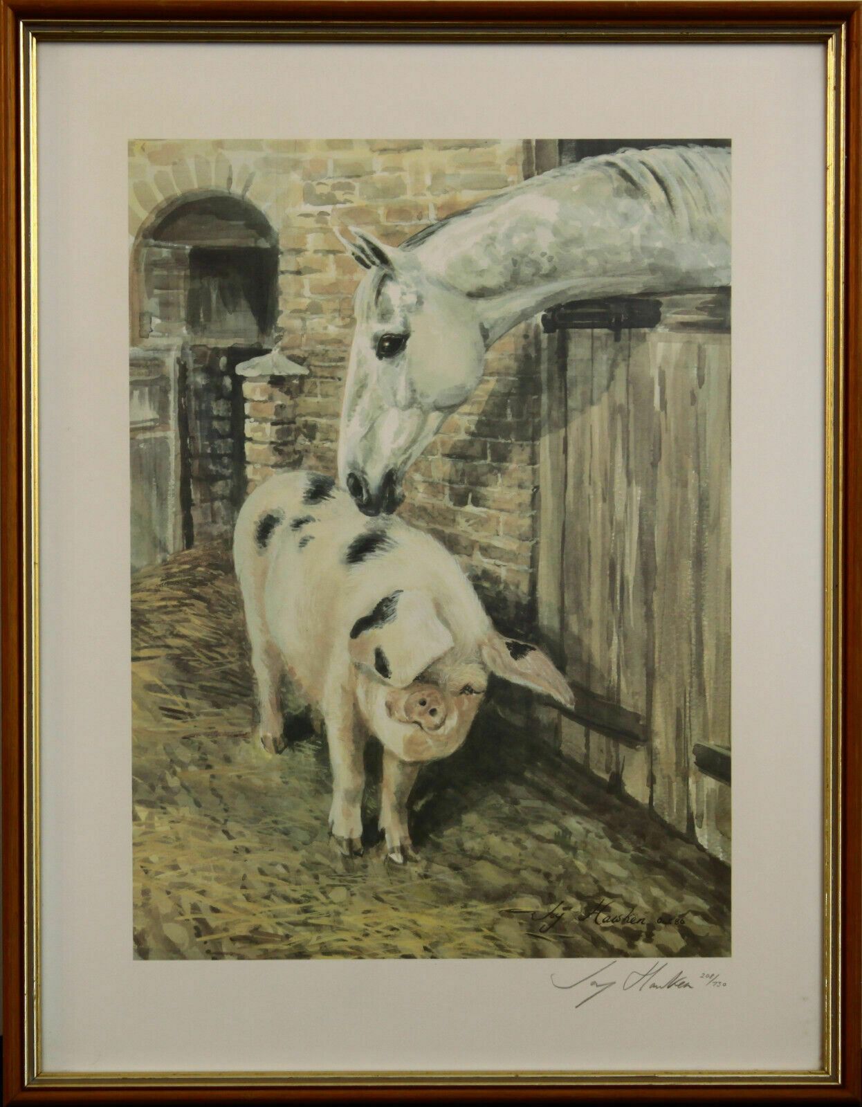 Signed Print By Joy Hawker. A Horse And Pig By The Stable