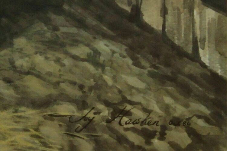 Signed Print By Joy Hawker. A Horse And Pig By The Stable photo for sale