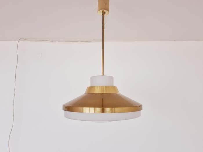 Set Of Two Brass And Milk Glass Midcentury Pendants Kamenicky Senov 1970s photo furniture