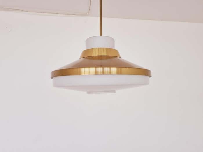 Set Of Two Brass And Milk Glass Midcentury Pendants Kamenicky Senov 1970s photo Lighting