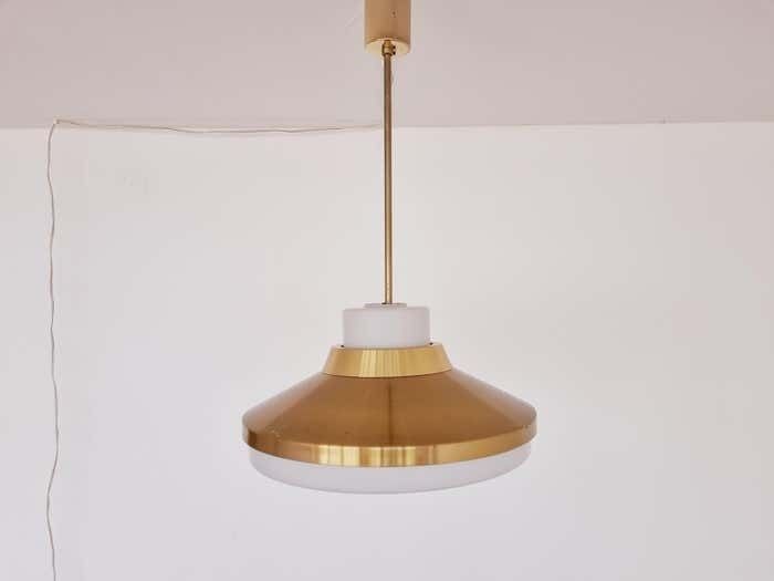 Set Of Two Brass And Milk Glass Midcentury Pendants Kamenicky Senov 1970s photo buy
