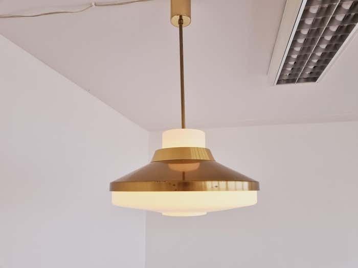 photo for sale Set Of Two Brass And Milk Glass Midcentury Pendants Kamenicky Senov 1970s