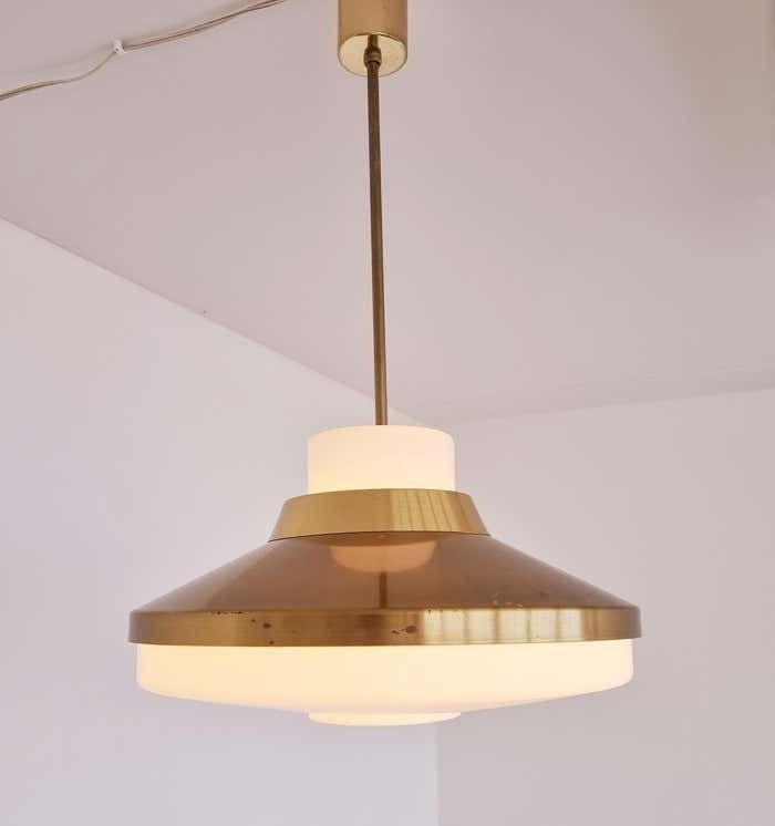 Lighting Set Of Two Brass And Milk Glass Midcentury Pendants Kamenicky Senov 1970s photo