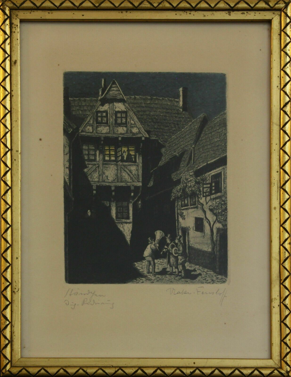 Etching By Volker Fenshoff. A Town Scene With Musicians Playing At Night.