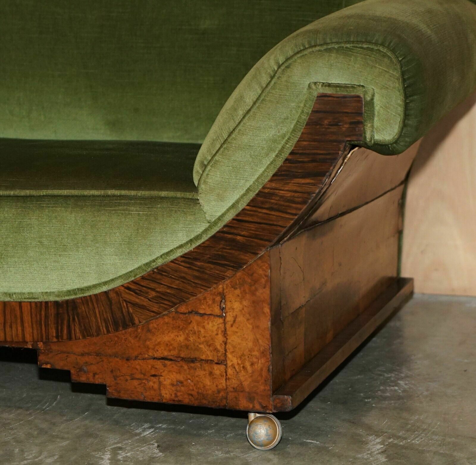 Stylish Antique Art Deco Cir 1920 Burr Walnut Green Velour Sofa Part Of A Suite photo 3750.0