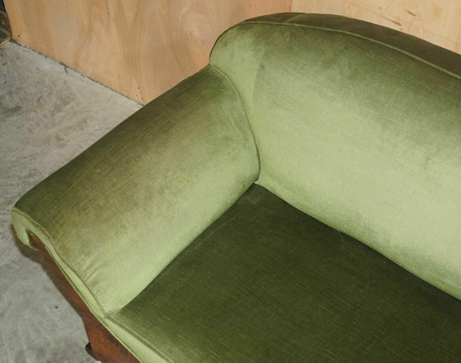 Stylish Antique Art Deco Cir 1920 Burr Walnut Green Velour Sofa Part Of A Suite photo vintage
