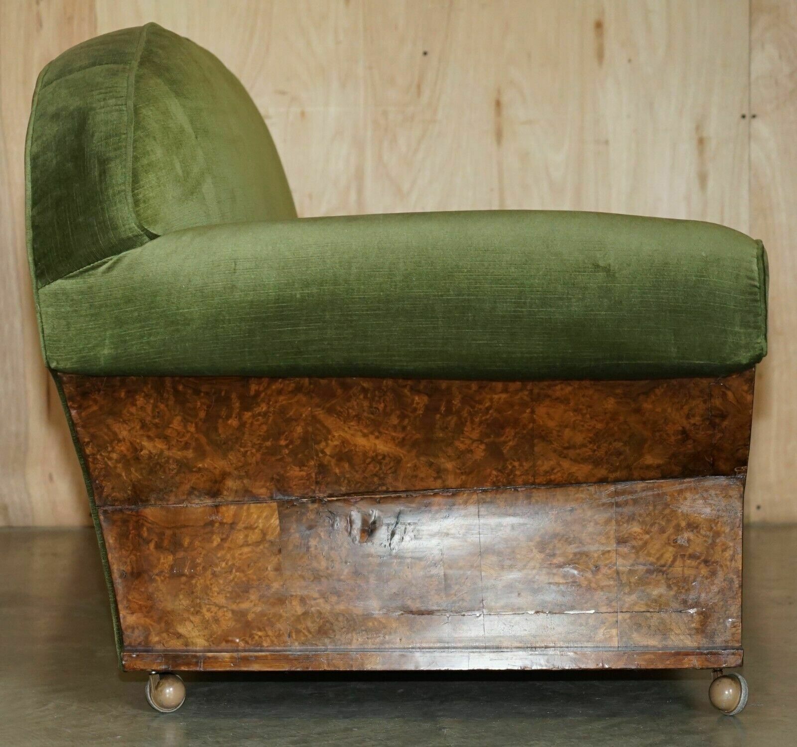 photo for sale Stylish Antique Art Deco Cir 1920 Burr Walnut Green Velour Sofa Part Of A Suite
