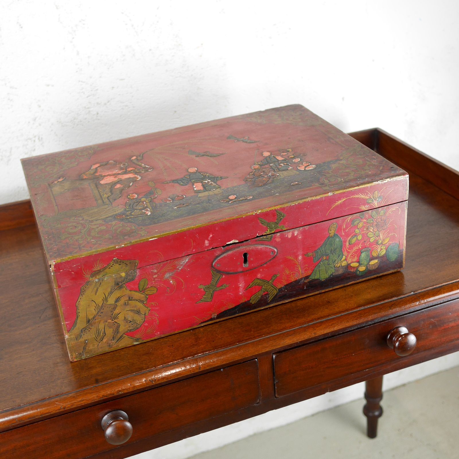 Antique Wig Jewelry Red Wooden Box Chinoiserie photo furniture
