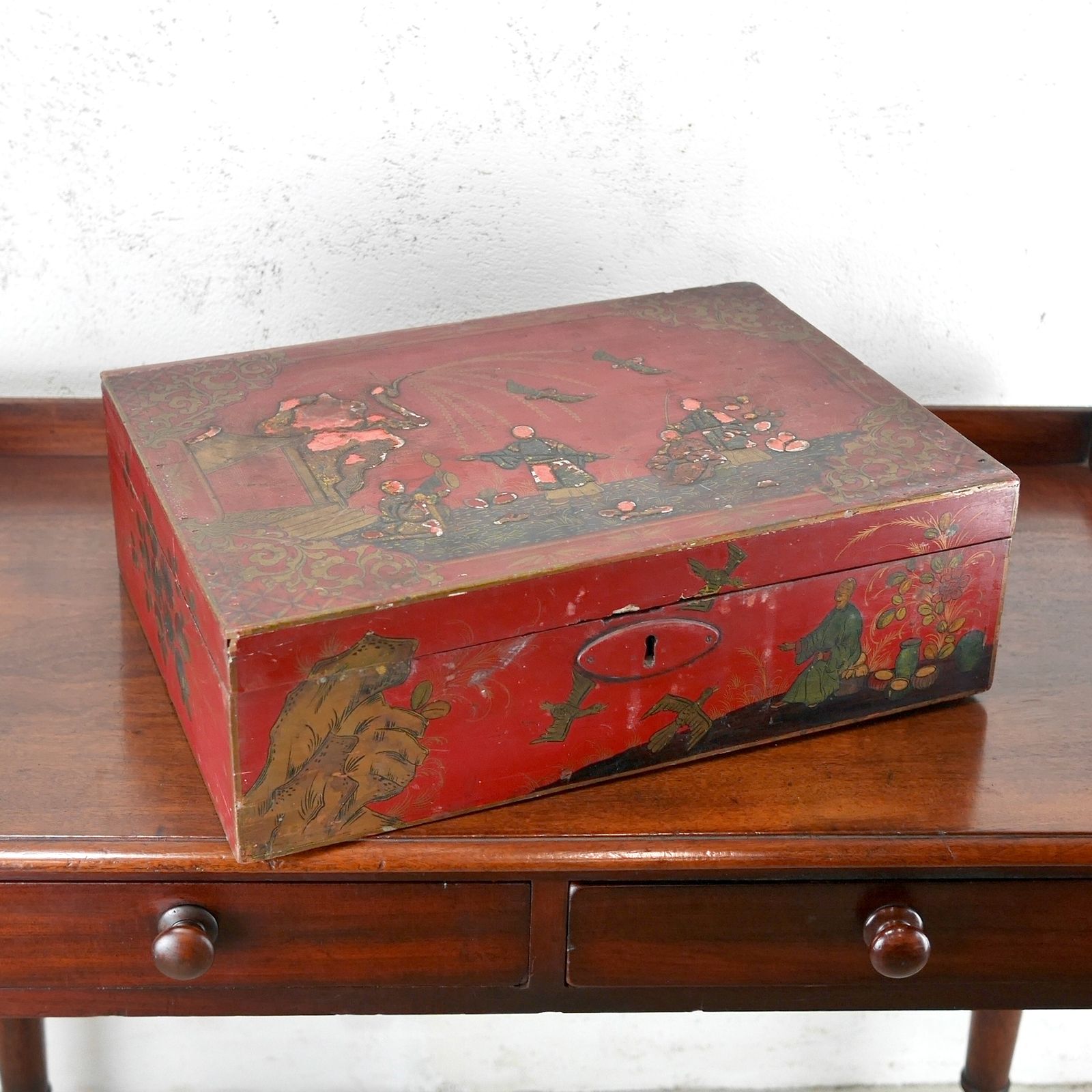 Antique Wig Jewelry Red Wooden Box Chinoiserie photo vinterior