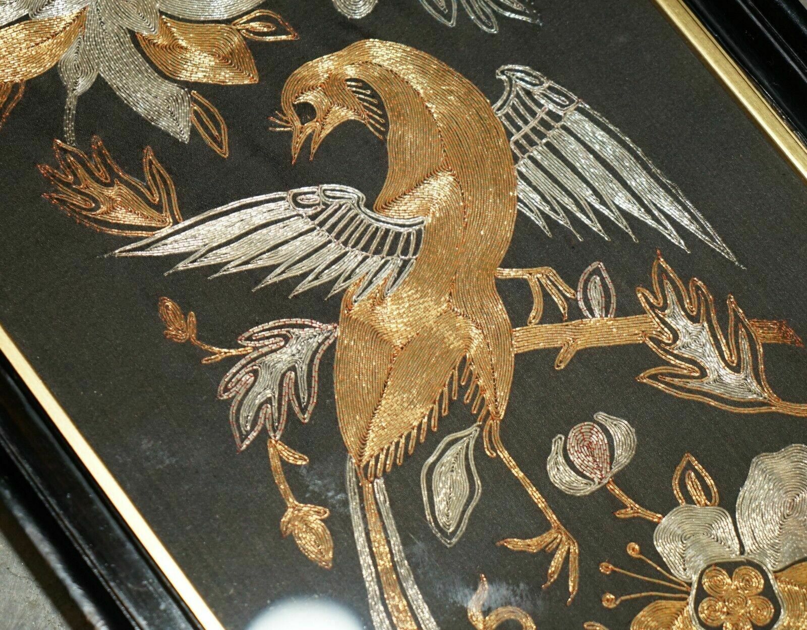Pair Of 19th Century Chinese Bird & Flowers Gold Silver Stitch Silk Embroideries photo vinterior