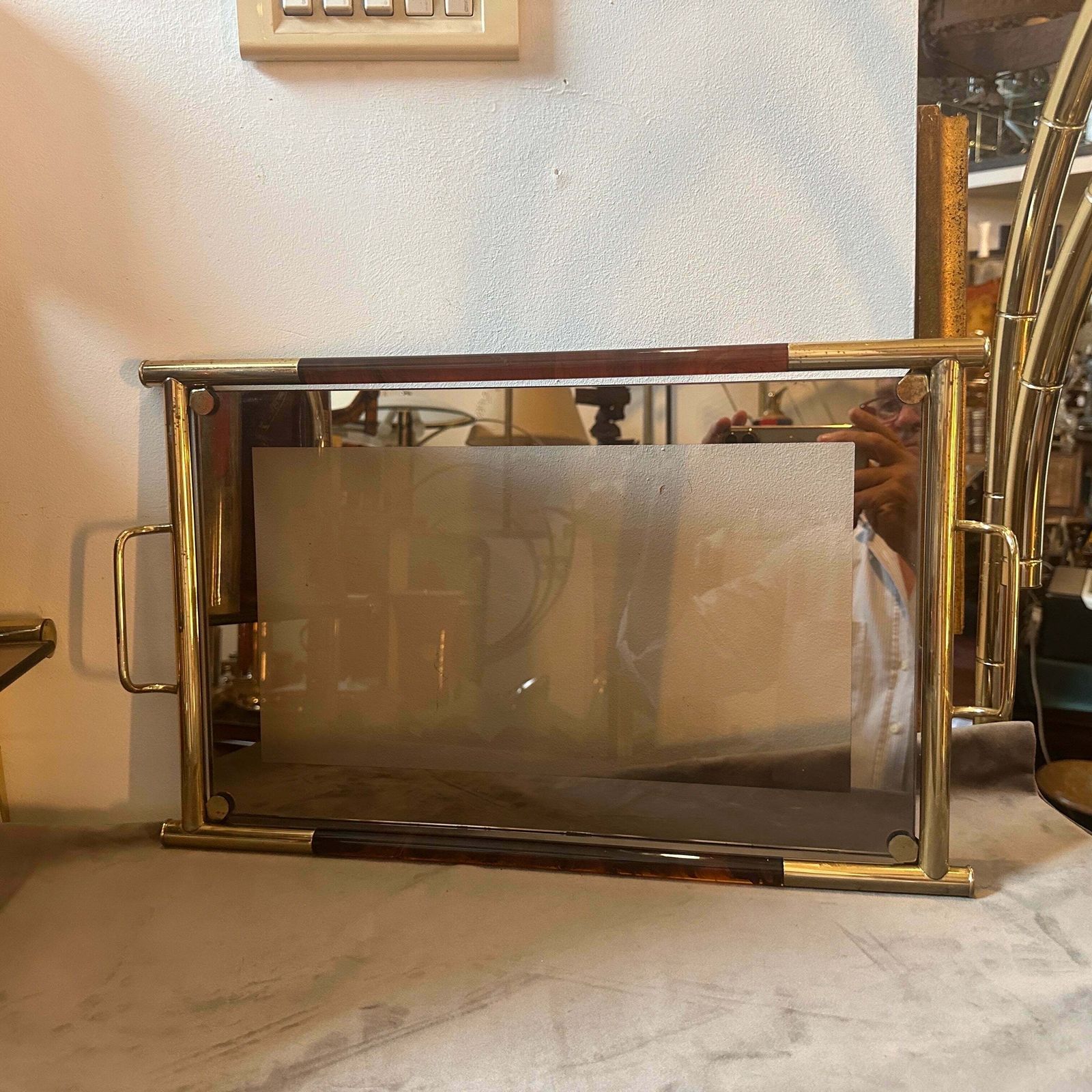 1970s Mid Century Modern Brass Lucite And Smoked Glass Italian Tray photo furniture