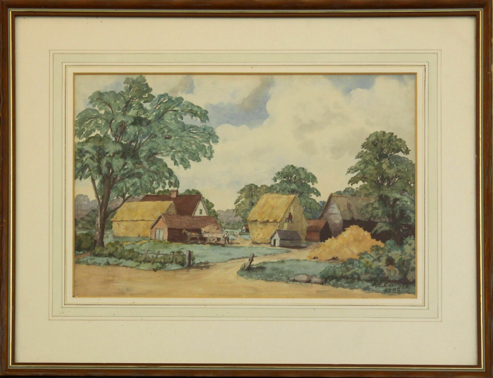 Watercolour By A E Chapman. Subject Is Haystacks In A Farmyard.