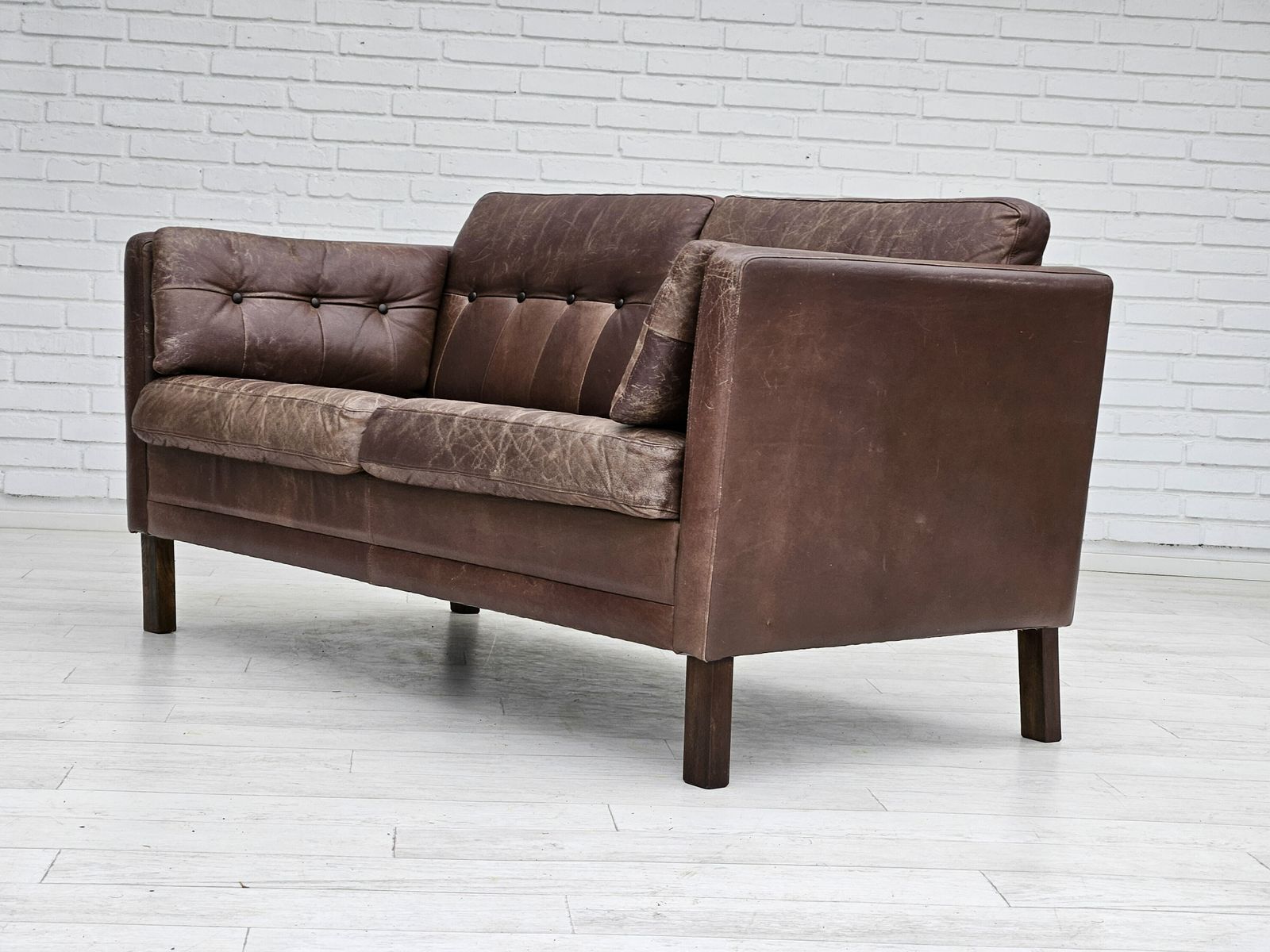 photo furniture 1970s, Danish 2 Seater Classic Sofa, Original Brown Leather.