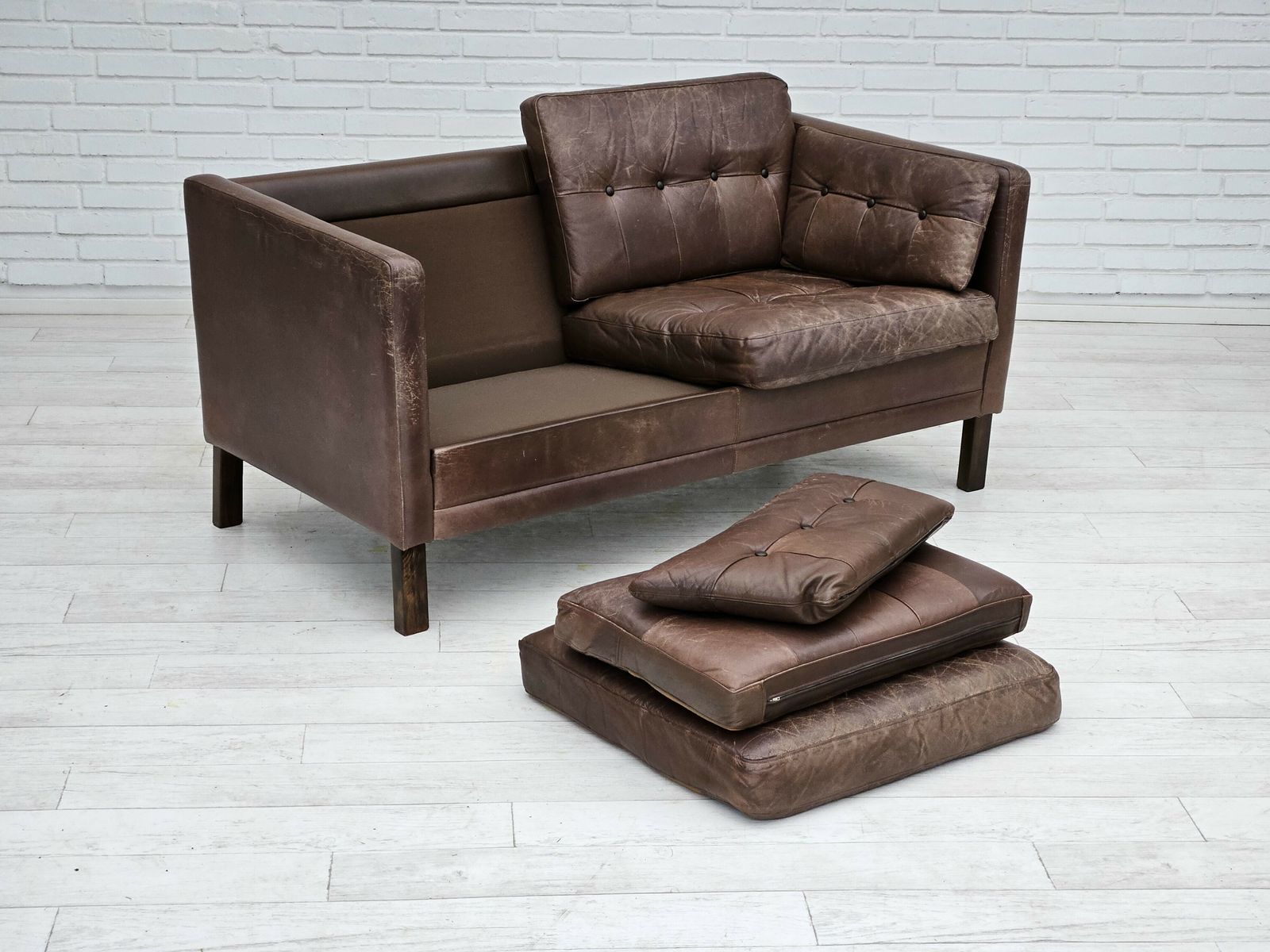 Furniture 1970s, Danish 2 Seater Classic Sofa, Original Brown Leather. photo