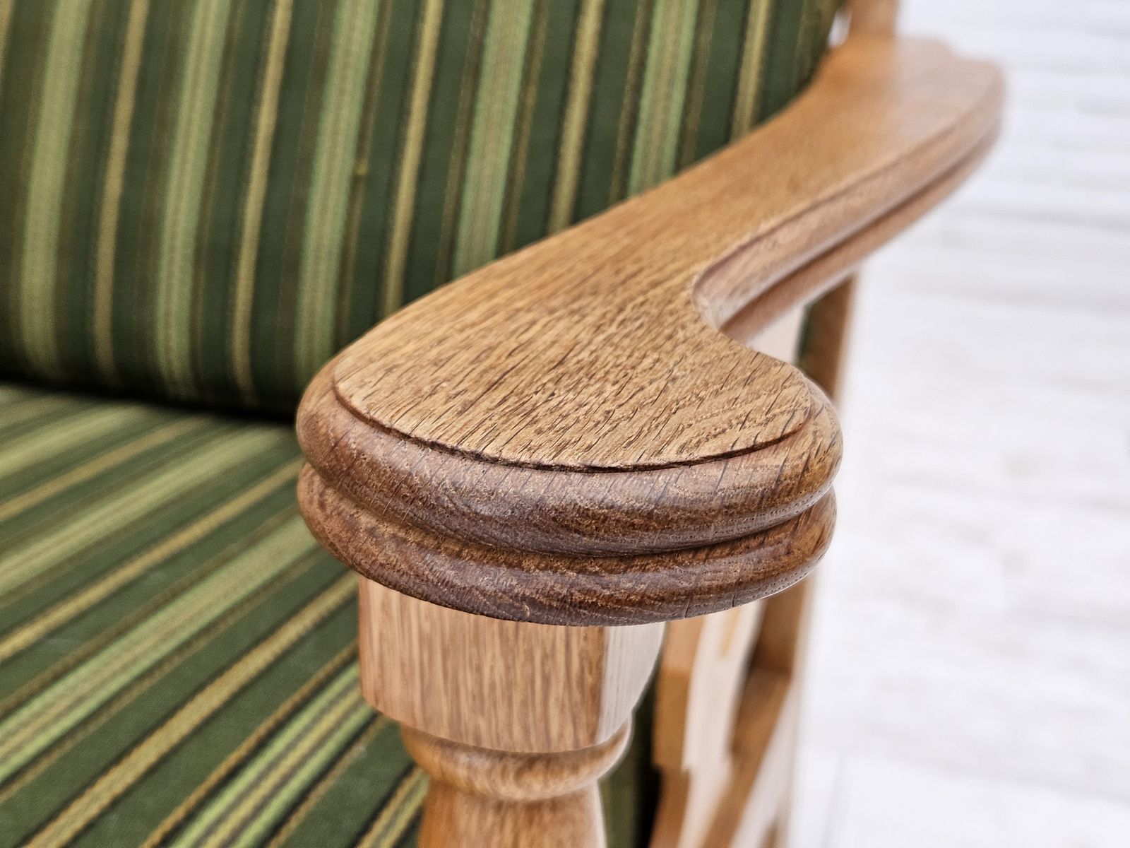 photo furniture 1970s, Danish Design, Oak Wood Armchair In Furniture Wool, Original Condition.