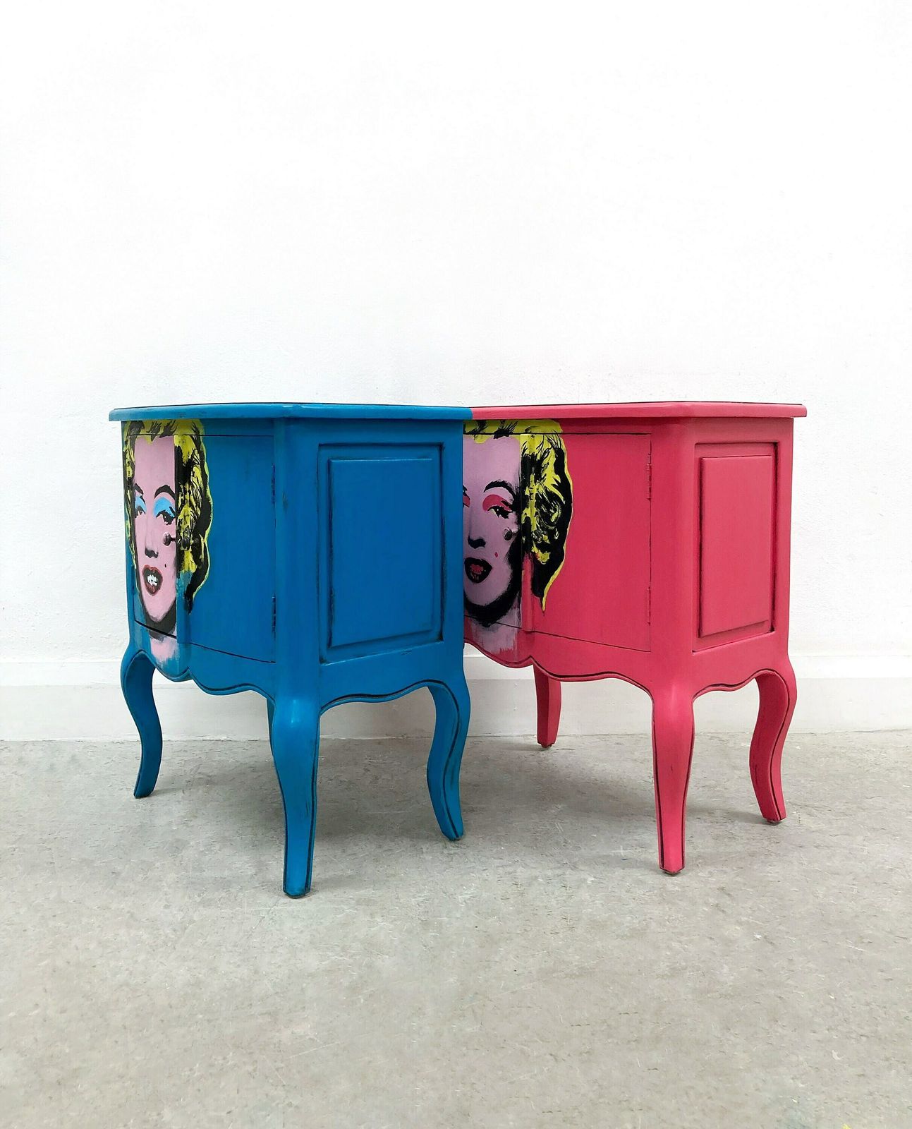 Two Side Cupboards. Pop Art. Andy Warhol, Marilyn Monroe. Hand Painted Cabinet. Bedroom, Dining Room, Lounge Furniture. Solid Mahogany Wood photo for sale