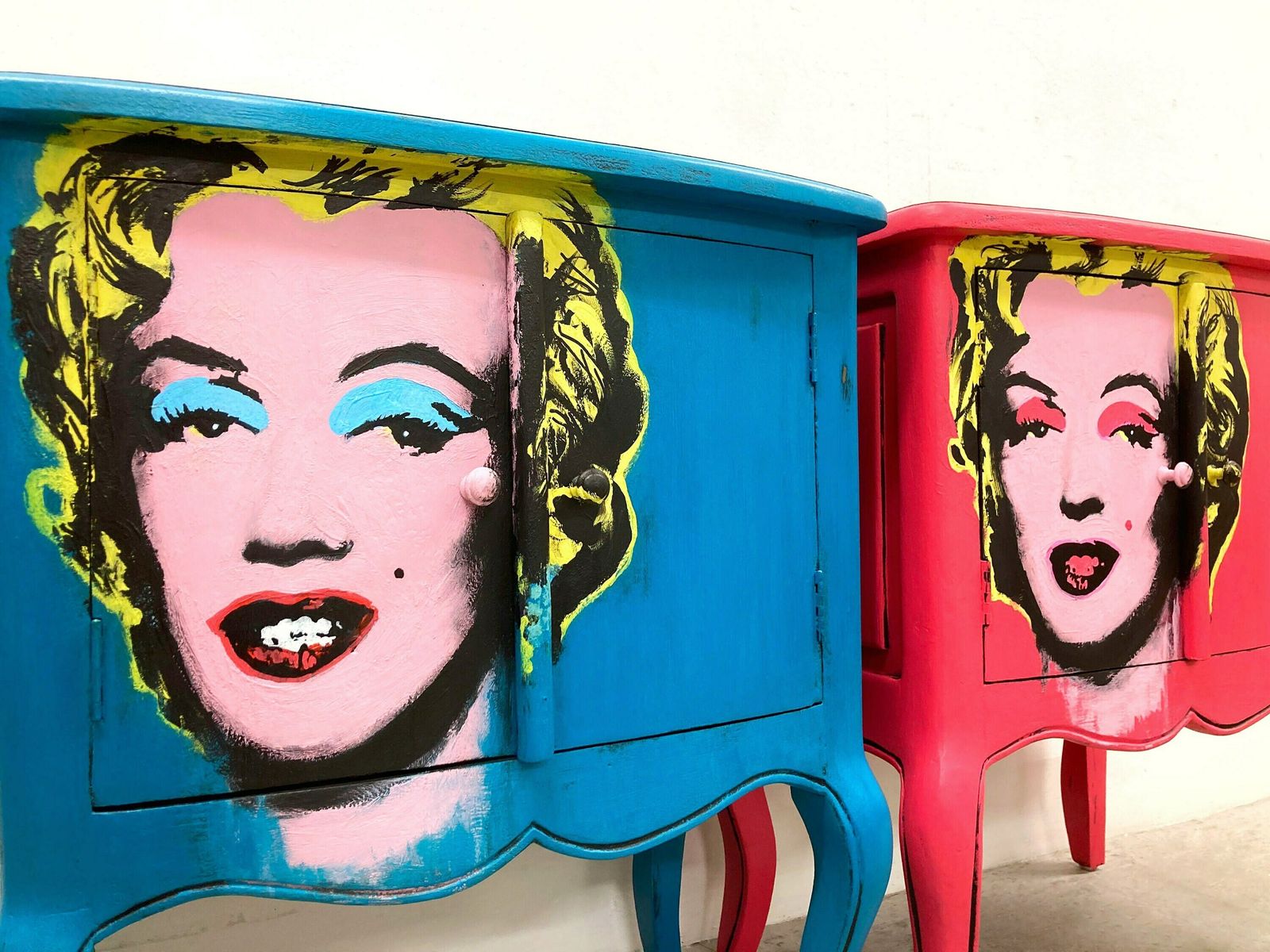 Two Side Cupboards. Pop Art. Andy Warhol, Marilyn Monroe. Hand Painted Cabinet. Bedroom, Dining Room, Lounge Furniture. Solid Mahogany Wood photo vinterior