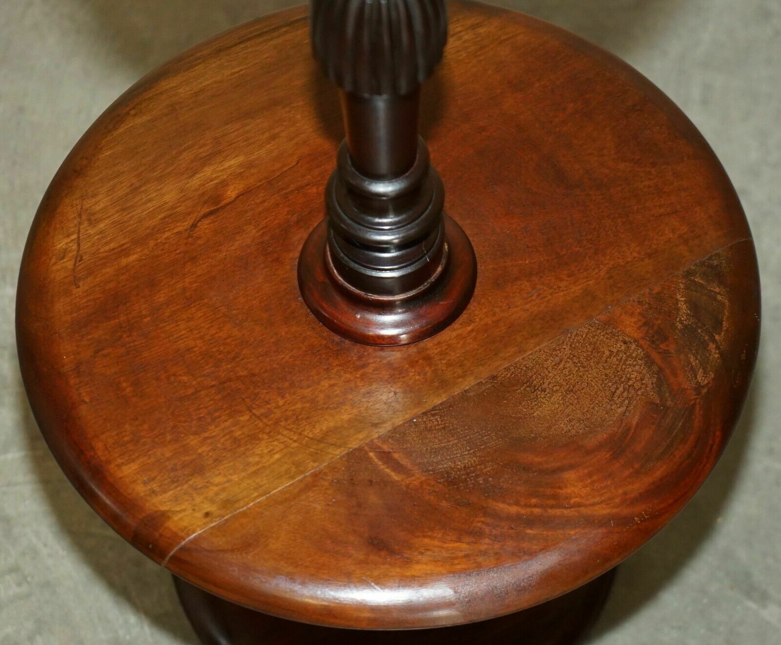 photo for sale Two Tiered Antique Mahogany Tripod Table With Rotating Middle Shelf